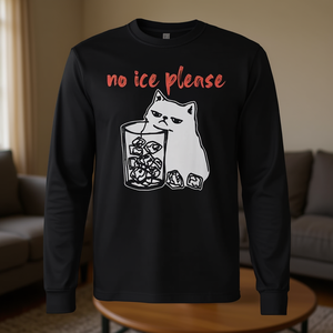 T-shirt promozionale a maniche lunghe con meme gatto 'No Ice Please' - Product Image 3