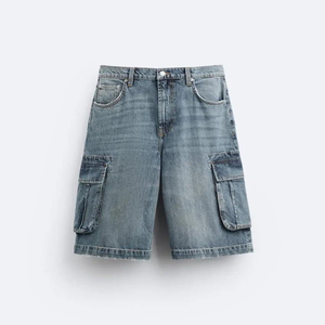 Denim Manufacturers Custom <b>Vintage</b> Wash Distressed Rhinestone Baggy Denim <b>Shorts</b> Jorts for <b>Men</b> - Product Image 4