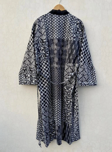 Veste Kantha en coton faite à la main Vintage Block Print Kimono Robe Ethnique Style Boho Noir Manteau Matelassé Gratuit Hiver Léger - Product Image 3