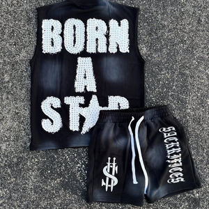 Vente en gros de gilet sérigraphié vintage lavé à l'acide avec strass pour hommes survêtement vierge de style de rue court pour hommes - Product Image 3