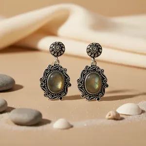 Boucles d'oreilles pendantes tendance en argent tibétain vintage Art Palace, forme fleur, sertissage clos de pierres naturelles, pour femme, bijoux d'anniversaire - Product Image 2