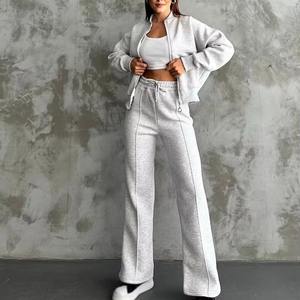 Ensemble décontracté 2 pièces pour femmes de grande taille, sweat-shirt court à fermeture éclair intégrale de haute qualité, pantalon de survêtement évasé personnalisé pour femmes - Product Image 1