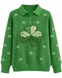 Pull en tricot à col polo vert pour femmes avec broderie de trèfle Manches longues Doux Chaud Décontracté Pull d'hiver pour la vente en gros - Product Image 1