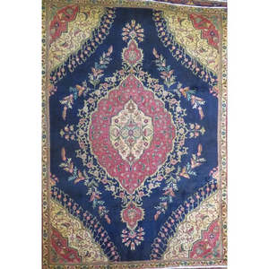 Tapis en laine fait main de qualité supérieure, motif médaillon, bleu marine, rectangulaire, décoration de salon - Product Image 1