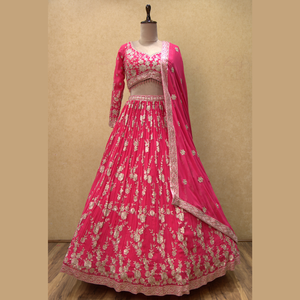 Último diseñador Hot Pink Lehenga en Flowing Georgette con Handcrafted Zari Work Compras en línea para ropa India - Product Image 1