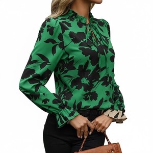 เสื้อเชิ้ตออร์แกนซ่าพิมพ์ลายสำหรับผู้หญิง สไตล์ลำลอง ใส่ทำงานได้ คอระบาย ผูกเชือก แขนกุด สำหรับฤดูใบไม้ผลิและฤดูใบไม้ร่วง ปี 2025 - Product Image 6