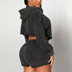 Tenue Crop Logo personnalisé Active Wear femmes lâche recyclé coton sweat femme entraînement sweats à capuche Shorts et survêtement ensemble - Product Image 4