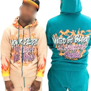 Streetwear unisexe de qualité supérieure pour hommes Survêtement régulier en coton avec pantalon en polaire Sweat à capuche imprimé flamme sur le devant Vêtements d'hiver - Product Image 6