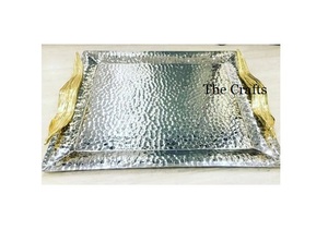 Plateau de service en acier inoxydable couleur argent avec poignées en forme de feuille, ustensiles de cuisine, plateau pour aliments, collations, desserts, chocolat - Product Image 2