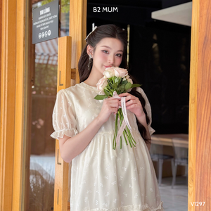 Cómodo vestido de maternidad V1297 hecho de gasa de seda bordada suave diseño recto que no se decolora para una comodidad usable - Product Image 4