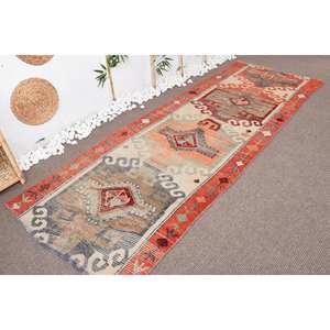 Alfombra Kilim Vintage naranja y Beige, diseño de tejido plano de 3,6x9,6 pies con respaldo de látex para uso en pasillo de adolescentes, Material de lana - Product Image 3