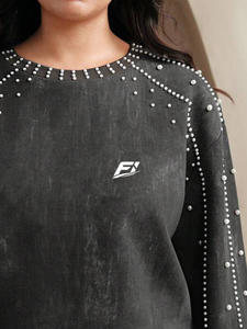 Women’s Stud Embellished Sweatshirt Round Neck <b>Long</b> <b>Sleeve</b> Relaxed Pullover <b>Black</b> Casual Streetwear <b>Top</b> Wholesale B2B Sweatshirt - Product Image 4