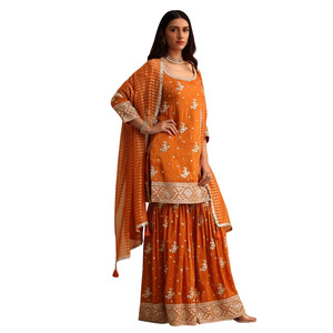 Venta al por mayor de lentejuelas naranjas Kurti Sharara Set con Chanderi Banarasi Dupatta Wedding Party Wear Recepción festiva y pedidos personalizados - Product Image 1