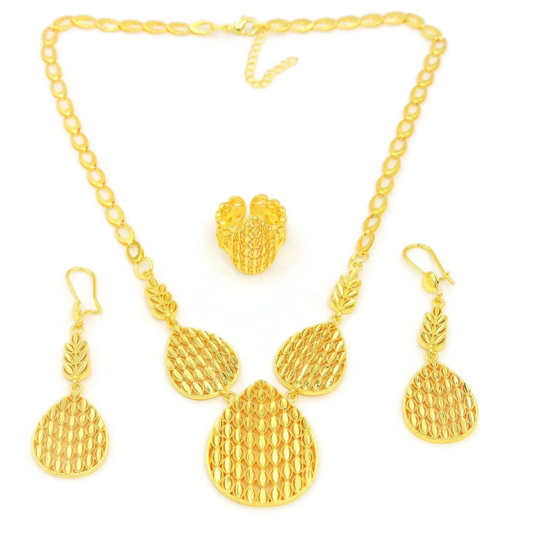 Hot Selling Womens Fashion Gold Plated Trending Water Drop Leaf Design Pendent Necklace Set Imitation Jewelry