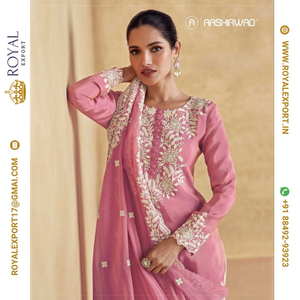 Présentation exclusive du nouveau fabricant de costumes pakistanais de vêtements ethniques cousus de taille libre en soie Simar lourde par Royal Export à Surat - Product Image 5