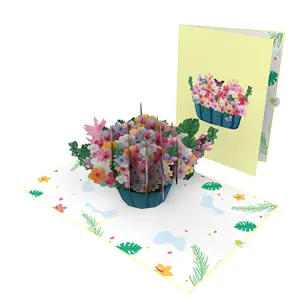 예쁜 히비스커스 바구니 3D 팝업 카드 뜨거운 판매자 기념일 생일 3D 카드 수제 종이 레이저 절단