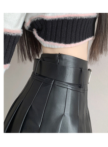 กระโปรงรัดรูปหนัง PU สำหรับผู้หญิง, กระโปรงทรงดินสอเอวสูงกระโปรงเทนนิสมินิอัดจีบสตรีทแวร์ถักแบบธรรมดา XS ธรรมชาติ - Product Image 6