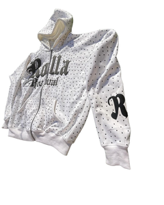 Sudadera con capucha y cremallera estampada con lavado de ácido y diamantes de imitación con logotipo personalizado hecho en fábrica, ropa de calle de invierno, sudadera con cremallera para Unisex - Product Image 4