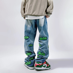 กางเกงยีนส์ทรงหลวมขาตรงผ้าเดนิมปักลายแนวสตรีทแวร์ผ้ากำมะหยี่ซักได้ - Product Image 2