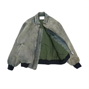 Bomber Jacket Unisex Spread Collar Algodón Acolchado Satén Forro Zip up Vintage Washed Jacket - Product Image 1