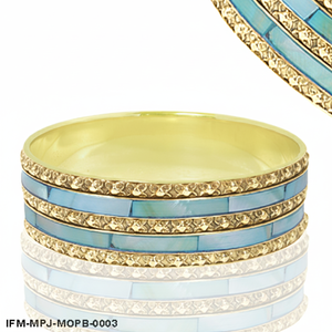 Mother of <b>Pearl</b> and Brass Inlay Bangle Set Handcrafted Blue Shell & <b>Gold</b>-Tone Brass Stackable <b>Bracelets</b> Gift For her - Product Image 3