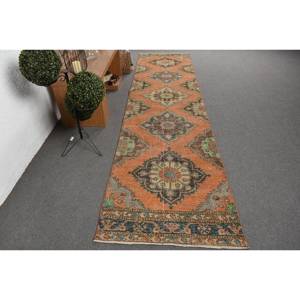 Alfombra turca verde naranja vintage de 3x12,4 pies, lana rectangular clásica de área grande con respaldo de látex para dormitorio para Patrón de pasillo - Product Image 1