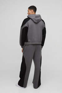 Survêtement unisexe à capuche surdimensionné noir OEM, blocs de couleur, respirant, poids lourd 500GSM, détails de panneaux, jambes larges, jogging, sweat-shirt court - Product Image 3