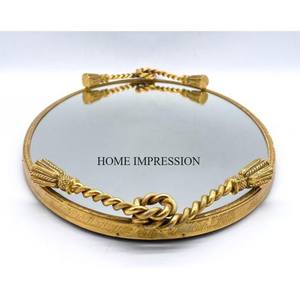 Top Selling High Grade <b>Gold</b> Plated Flowers and Leaves Designer Metal Frame Round Shape <b>Mirror</b> <b>Tray</b> From Indian Manufacturer - Product Image 2