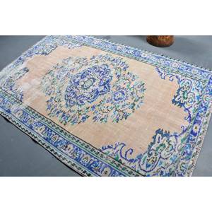 Alfombra turca Vintage Beige Azul 5,3 X 8.2ft Pelo de felpa hecho a mano Altura Forma rectangular Tabriz Patchwork Lana Poliéster Látex - Product Image 4