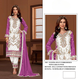 VICHITRA Lourd Brodé Style Traditionnel Semi-Cousu Salwar Kameez Pakistanais pour Toutes les Occasions ZARKAN Design Fait Soie - Product Image 4