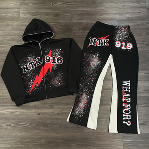 Ensemble de jogging pour homme en coton avec impression de logo personnalisé, impression en relief, fermeture éclair, pantalon de survêtement évasé et sweat-shirt, ensemble de jogging 2 pièces pour homme - Product Image 4