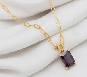 Bijoux minimalistes forme rectangle violet améthyste quartz ovale trombone lien chaîne collier plaqué or cadeau de mariage collier - Product Image 1