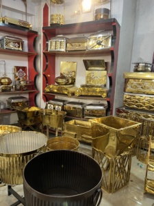 Phục vụ phụ kiện trong vàng bao gồm sang trọng chaffing món ăn với nắp máy chủ tấm đồ ăn nhẹ máy chủ standees trái cây hiển thị đứng - Product Image 4