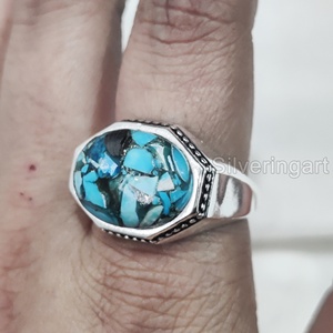 Anillo de hombre al por mayor, piedra preciosa turquesa de cobre azul Natural, anillo de piedra natal de diciembre, joyería fina árabe, anillo de Plata de Ley 925 - Product Image 1