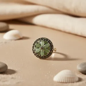 Anillo de cóctel romántico vintage con flor para mujer de Art Palace, plata 925 con pavé de jade, para uso diario, regalo - Product Image 1