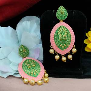 Women's Vjoshijewels Lightweight Traditional Enamel Dangle <b>Earrings</b> Brass Copper Vibrant Colors Intricate Designs Weddings - Product Image 5