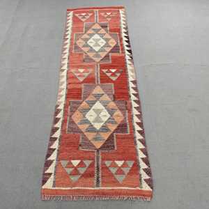 Turkish <b>Runner</b> Rug 2.5x8.5 ft, <b>Red</b> Gray Oriental Rug Wool - Product Image 1