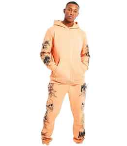 Parche bordado desgastado, chándal para hombre, Sudadera con capucha y cremallera, pantalones acampanados, chándal, conjunto de pantalones de chándal y Sudadera con capucha lavados con ácido Unisex - Product Image 4