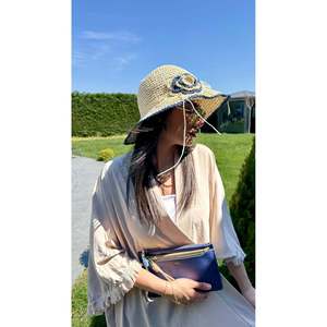 Beige Natural Hand-Knitted Straw <b>Hat</b> with Navy Blue Ribbon, Sun Protection for Beach and Outdoor Use HSR2095 - bej2095 - Product Image 2