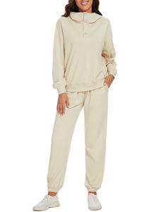 High Quality 350gsm <b>Women's</b> Long Sleeve Sweatshirt <b>Pant</b> Set Fall Winter New Fashion Solid Casual Ankle Buttoned Tracksuit - Product Image 4