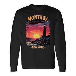 Camiseta de manga larga con diseño colorido del atardecer y el faro de Montauk, Nueva York, para promociones - Product Image 1