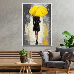 Lienzo Impreso: Arte de un Día Lluvioso - Mujer con Paraguas Amarillo, Lienzo Enmarcado en Blanco - Product Image 1