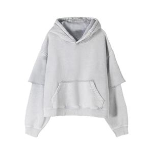 Sudadera con Capucha para Hombre, Personalizada, de Algodón Grueso, Estilo Francés con Doble Manga, Casual, Oversize, Vintage, Streetwear, Lavado Ácido, Desgastada - Product Image 1