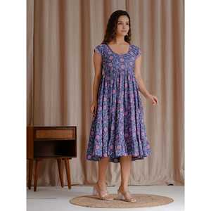 Vestido Azul de Algodón Mulmul con Estampado a Mano, Estilo Casual, Elegante, Gótico, para Oficina, Tallas XS-5XL, Transpirable y Moderno para Club, ODM - Product Image 5