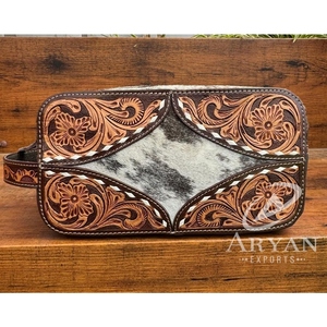 Fashionable Hot Selling Hand Tooled Cowhide Leather Travel Organizer Large Capacity Zipper Hanging Cosmetic Makeup <b>Bag</b> <b>for</b> <b>Women</b> - Product Image 1