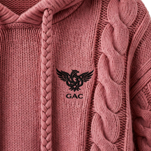 <b>Womens</b> <b>Pink</b> Cable Knit <b>Hoodie</b> Sweater Long Sleeve Pullover With Braided Drawstrings Ribbed Cuffs Hem And Textured Winter Design - Product Image 6