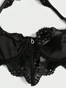 Conjunto de lingerie Underwire de renda floral preto sexy feminino de venda quente