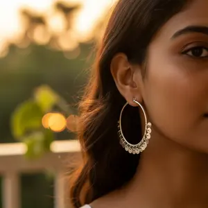 Boucles d'oreilles créoles tendance pour femme en argent 925 plaqué or rhodié, ornées d'une pierre principale géométrique en diamant et perle, pendantes, style religieux - Product Image 3