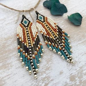 Pendientes de cuentas de semillas de cristal tejidos a mano con patrón colorido borla larga estilo bohemio aniversario de boda joyería de alta calidad para - Product Image 5