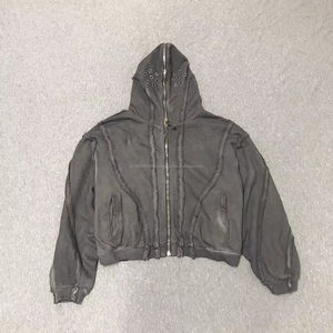 Sudadera con capucha completa con cremallera, estilo acid wash, extragrande, 500 g/m², sudadera con capucha corta para hombre, sudadera con capucha extragrande para hombre, sudadera con capucha pesada - Product Image 4